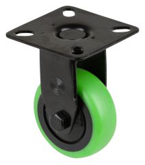 Apparaterolle A810.A85.050.04, Produkttyp: Bockrollen, Befestigung: Anschraubplatte,  Schraubloch: 6.3 mm, Material/Art des Radkrpers: Kunststoff schwarz, Material der Laufflche: thermoplastischer Gummi grn, Lager: Kugellager,  Rad:  50 mm, Tragkraft