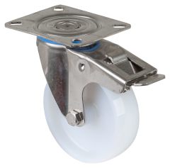 Edelstahl Transportrolle H120.A90.100, Produkttyp: Lenkrollen mit Totalfeststeller, Befestigung: Anschraubplatte, � Schraubloch: 9 mm, Material/Art des Radk�rpers: Kunststoff, Material der Lauffl�che: Kunststoff, Lager: Gleitlager, � Rad:  100 mm, Tragkra