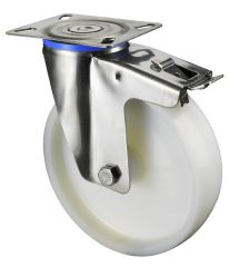 Edelstahl Transportrolle H120.A90.200, Produkttyp: Lenkrollen mit Totalfeststeller, Befestigung: Anschraubplatte, � Schraubloch: 11 mm, Material/Art des Radk�rpers: Kunststoff, Material der Lauffl�che: Kunststoff, Lager: Gleitlager, � Rad:  200 mm, Tragkr