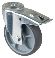 Transportrolle L121.A85.127, Produkttyp: Lenkrollen mit Totalfeststeller, Befestigung: R�ckenloch, Material/Art des Radk�rpers: Kunststoff, Material der Lauffl�che: thermoplastischer Gummi grau, Lager: Kugellager, � Rad:  125 mm, Tragkraft: 120 kg