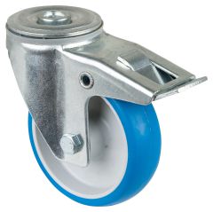 Transportrolle L121.B36.100, Produkttyp: Lenkrollen mit Totalfeststeller, Befestigung: Rckenloch, Material/Art des Radkrpers: Kunststoff, Material der Laufflche: Polyurethan blau 85 +/-4 Shore A, Lager: Rollenlager,  Rad:  100 mm, Tragkraft: 125 kg