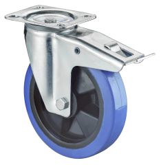 Transportrolle L420.B61.200, Produkttyp: Lenkrollen mit Totalfeststeller, Befestigung: Anschraubplatte, � Schraubloch: 11 mm, Material/Art des Radk�rpers: Kunststoff (100 mm � mit Fadenschutz), Material der Lauffl�che: Elastikgummi blau, Lager: Rollenlage