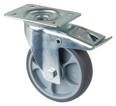 Transport castor LS420.A85.127, Produkttyp: Lenkrollen, Befestigung: Anschraubplatte, � Schraubloch: 9 mm, Material/Art des Radk�rpers: Kunststoff, Material der Lauffl�che: thermoplastischer Gummi grau, Lager: Kugellager, � Rad:  125 mm, Tragkraft: 120 kg