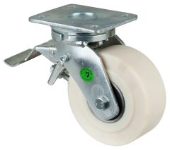 Schwerlastrolle RR120.B16.150, Produkttyp: Lenkrollen mit Rad-/Totalfeststeller, Befestigung: Anschraubplatte,  Schraubloch: 11 mm, Material/Art des Radkrpers: Polyamid gegossen, Material der Laufflche: Polyamid gegossen, Lager: Kugellager,  Rad:  150