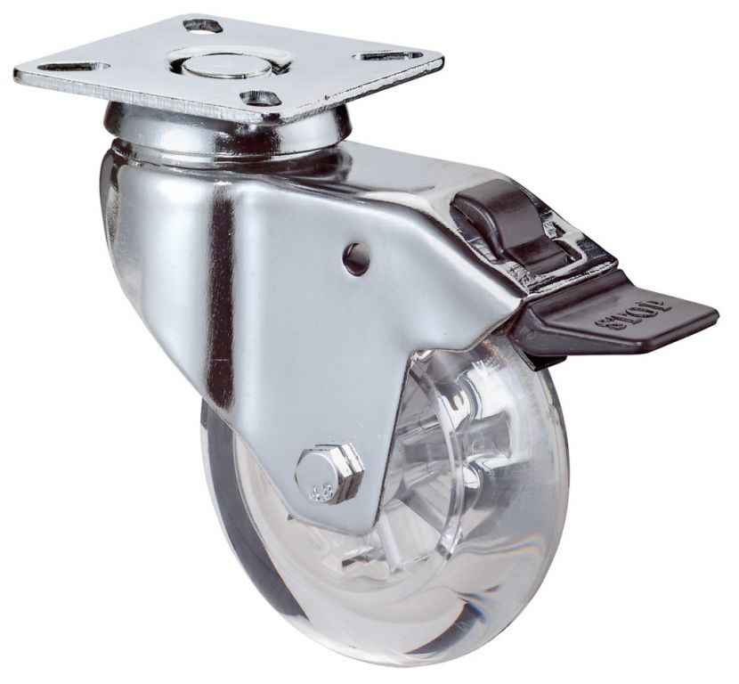 DesignLenkrolle mit Feststeller, Ø 100 mm, Rad Kunststoff transparent